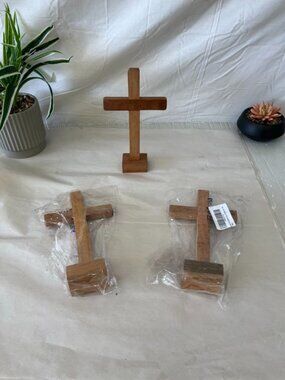 Set of 3 Wooden Standing Christian Crosses Rustic Farmhouse Religious Decor